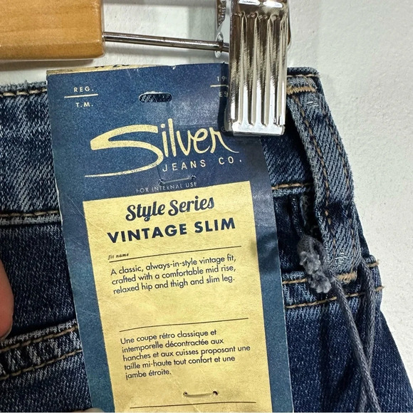 NWT Silver Jeans Vintage Slim Mid Rise Dark Wash Tuxedo Stripe Jeans - Picture 11 of 13